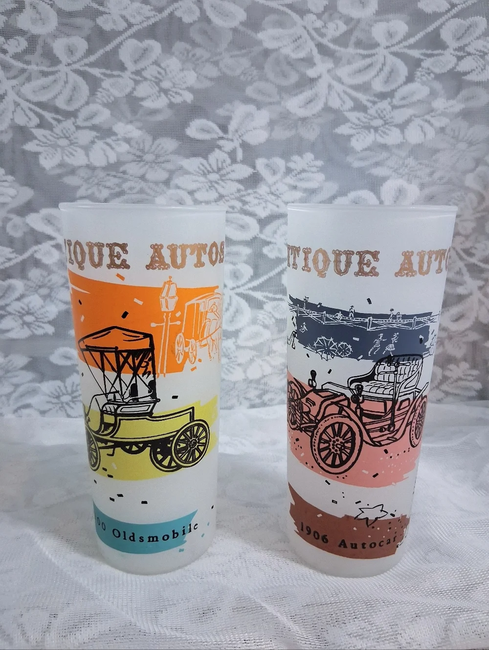 Vintage Anchor Hocking Antique Autos Glasses Highball Tall Drinking Barware Pair